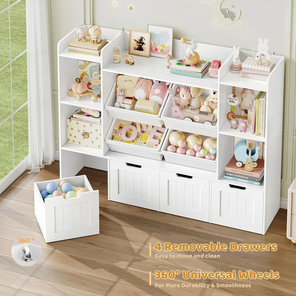 Toy Storage Organizer, Toy Organizer with 4 Movable Drawers and 4 Box Bins, Kids Playroom Storage Organization with Hidden Wheel