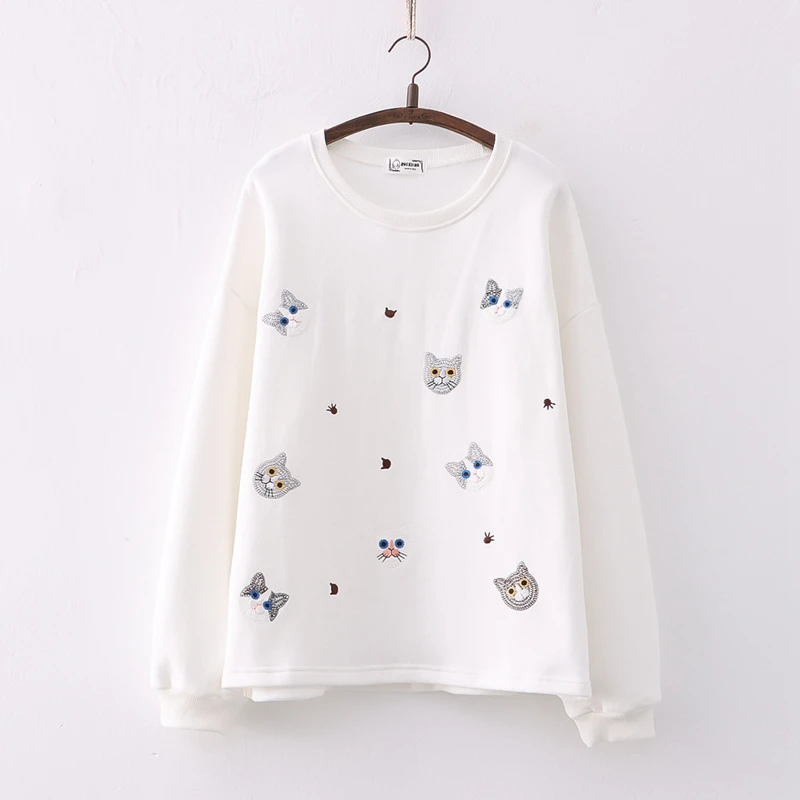 white color embroidery cat sweater for women with many adorable cats on it