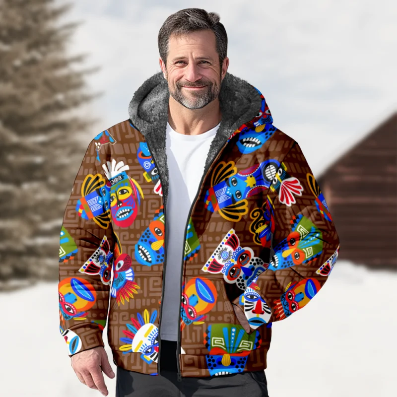 

New Creative Cotton Coat Hooded Sweater Casual Print Men's Fur Loop Arctic Velvet Zipper Patch Pocket Hooded Sweater a44