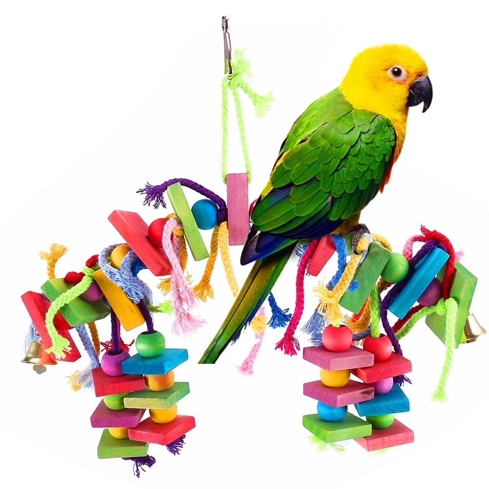 Parrot Chew Toy Multicolored Wooden Cotton Rope Birds Toy Bite Bridge Parrot Foraging Tearing Cockatiels Training Hang Swings 2