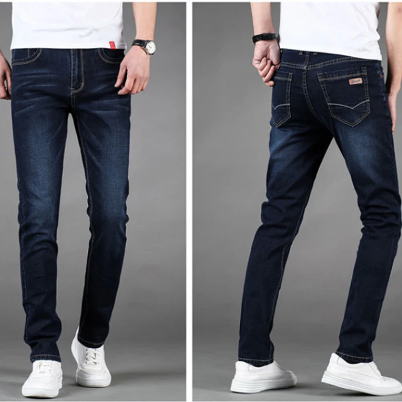 Mens Classic Jeans Solid Color Business Work Pants Straight Denim Casual Pants