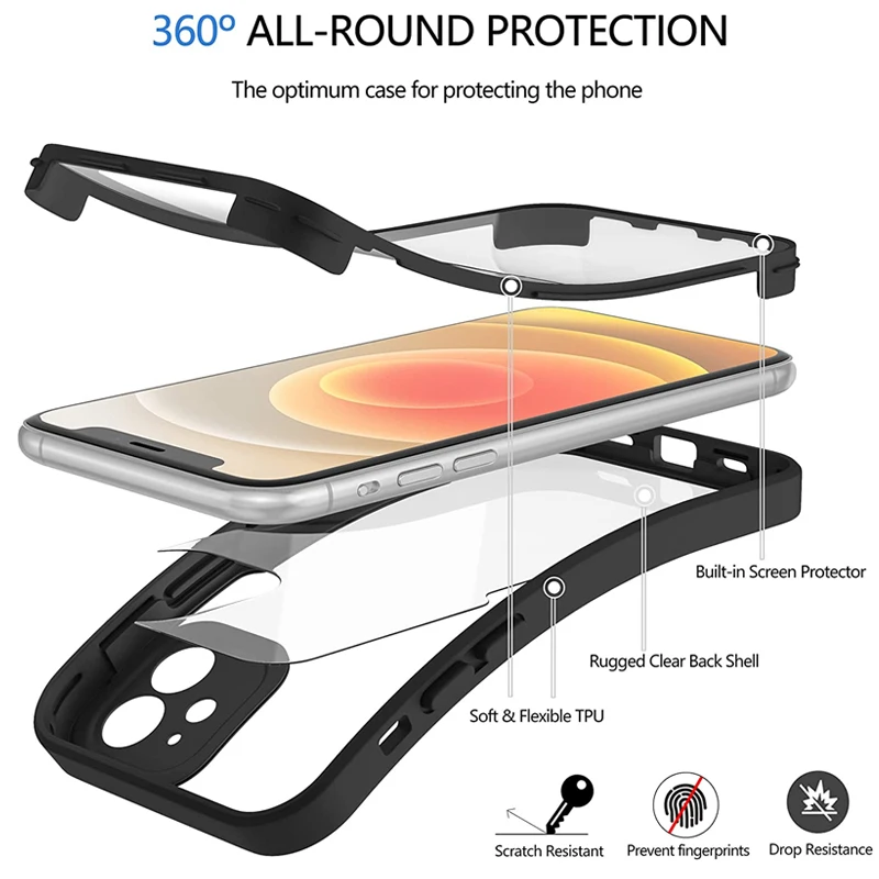 360 Double Front Screen Film Hard Back Case für iPhone 14 13 12 11 Pro Max X XR XS Max 8 7 Plus Silikon Klar Transpare_voghion.com