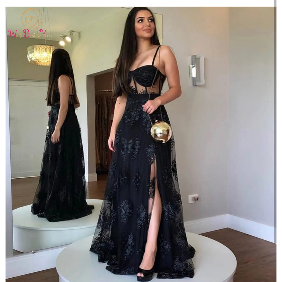 

Chic Woman Lace Evening Dress 2022 Floor Length See Through Spaghetti Strap Sweetheart A Line Simple Prom Gown Party Custom made