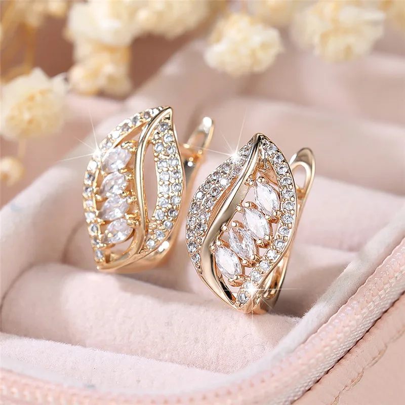 Cute White Zircon Stone Leaf Hoop Earrings For Women Female Gold Color Wedding Jewelry Gift