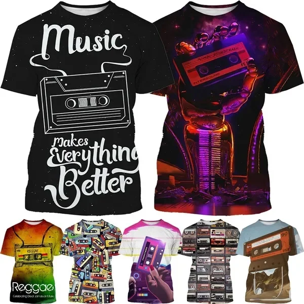 

Новинка, 3D дышащая футболка кассета с музыкой с коротким рукавом для мужчин и женщин, Повседневная регги, хип-хоп, художественный принт, уличный стиль, детские футболки