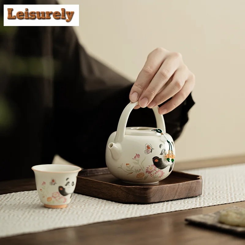 203ml Cream Ding Kiln Panda Playing Butterfly Teapot Elegant Tea Infuser Pot Tea Soaking Kettle With Strainer Tea Services Gift