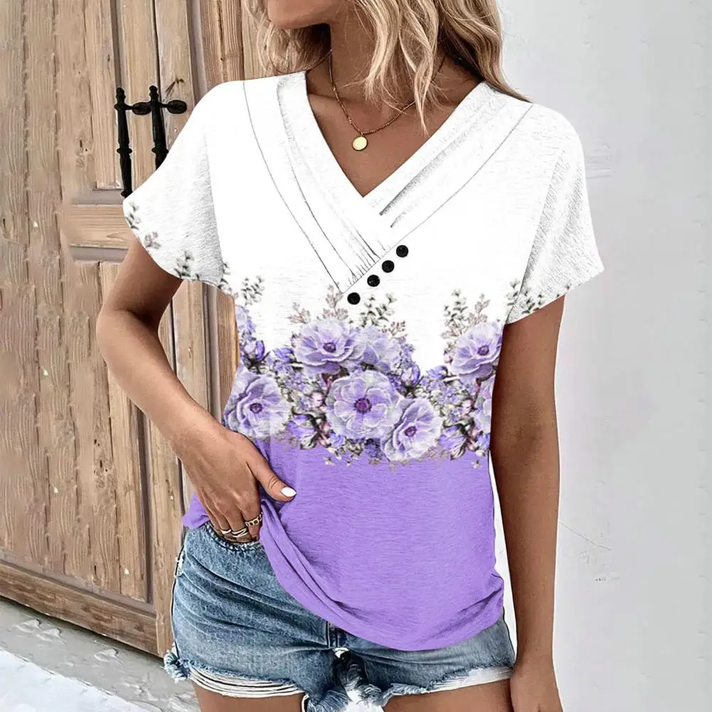 Comfortable Top Flower Print Colorblock V Neck T-shirt for Women Soft Breathable Top with Button Decor Short Sleeves chinese style letter dragon colorblock pattern short sleeves shirt l gray cloud