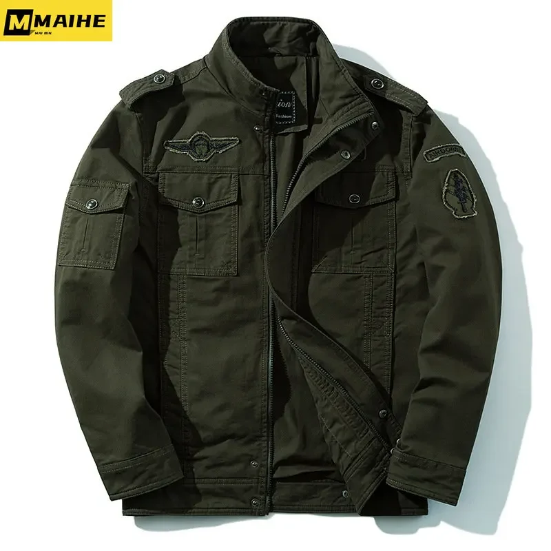 Work Clothes Large Size Men's 2024 Autumn Coat Cotton Washed Coat Epaulets Stand Collar Retro Tactical Jacket Hunting Clothes