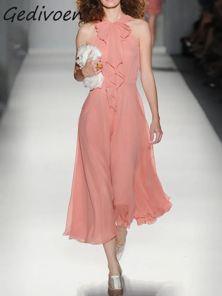 

Gedivoen Fashion Designer Summer Vintage Pleated Dress Women Sleveless Bow Frenulum Ruffles Holiday Party Pink Medium Long Dress