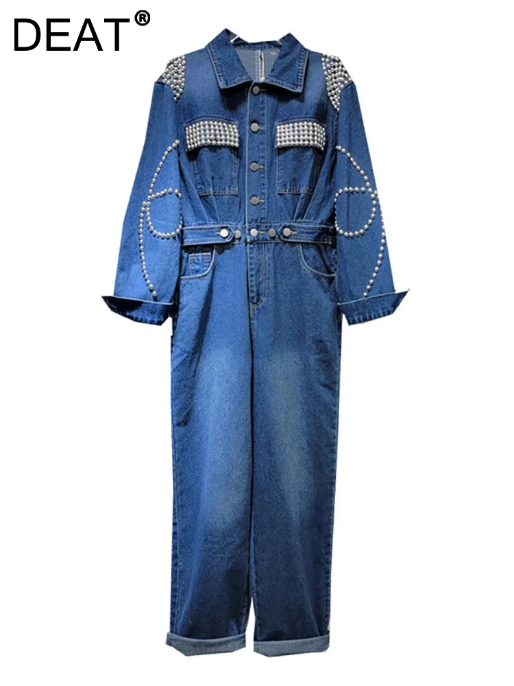 

DEAT Women's Denim Playsuit Lapel Embroidered Flares Pearls High Waist Patchwork Solid Color Jumpsuit 2024 Summer New Fashion