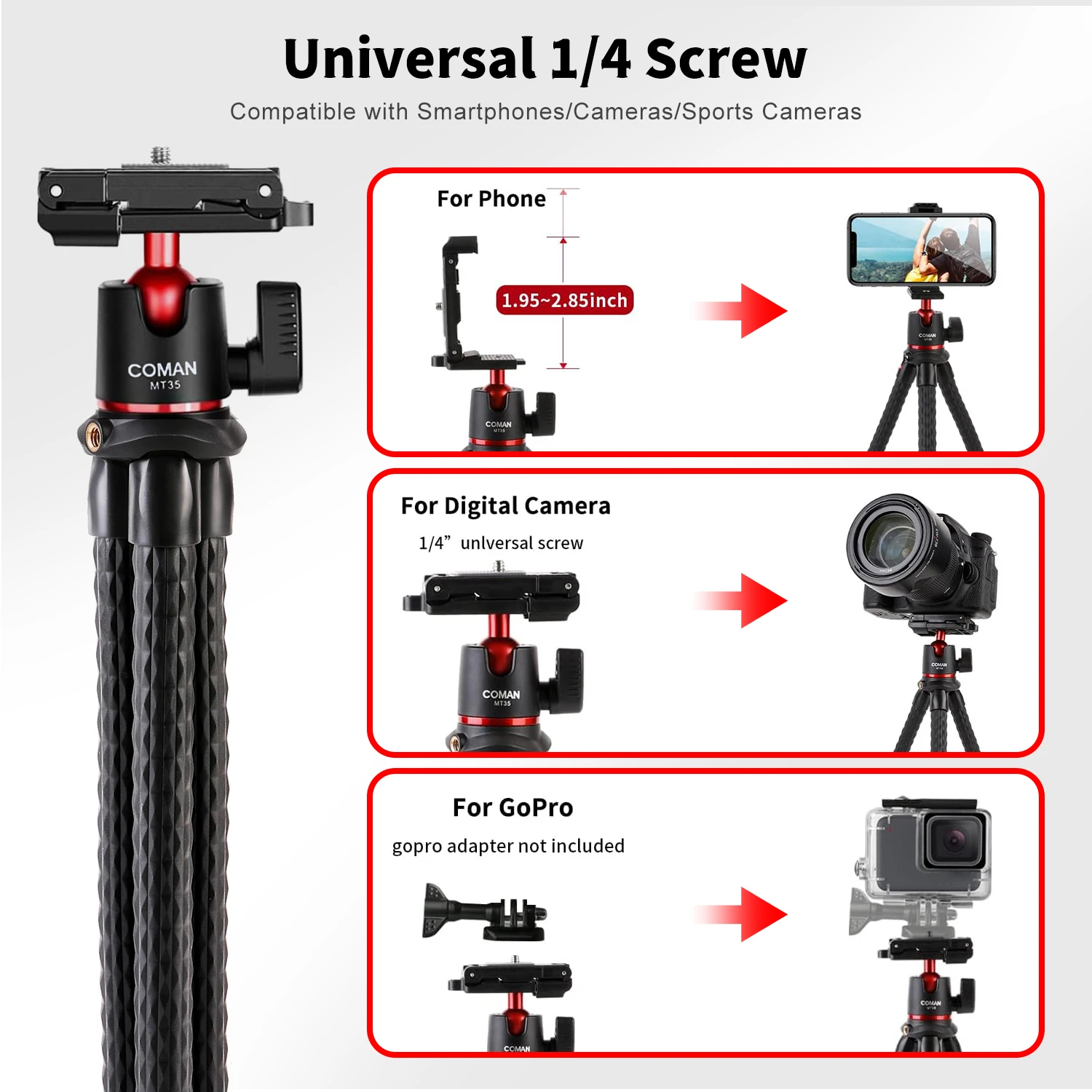 COMAN MT-35 Versatile Flexible Tripod with Hidden Phone Mount and Cold Shoe for Cameras and Smartphones