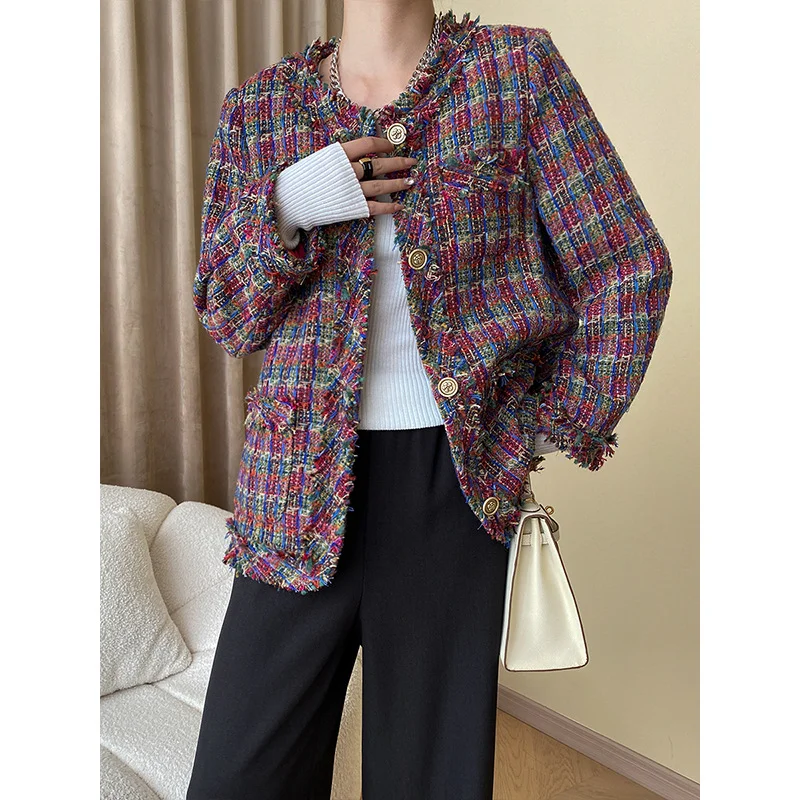 Women French Red Plaid Tweed Coat High Quality Vintage Korean Fashion Tassels Loose Casual Elegant Office Small Fragrance Jacket