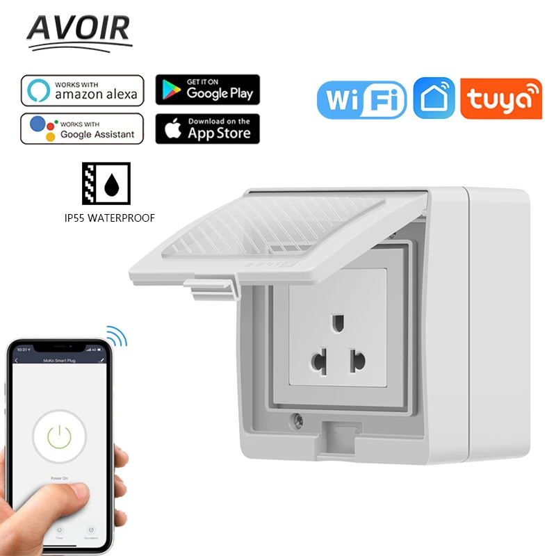 Avoir Ip55 Tuya Inteligente Tomada à Prova Dsmart Água com Temporizador de Parede ao ar Livre Tomadas Elétricas ue fr Reino Unido Eua Plugues Wifi Controle Eletrodomésticos Tomada Inteligente para Brasil