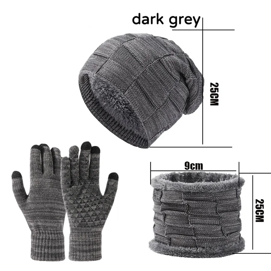 Unisex Autumn Winter Warm Soft Fleece-lined Knitted Hat Scarves Touch Screen Gloves 3-Piece Set