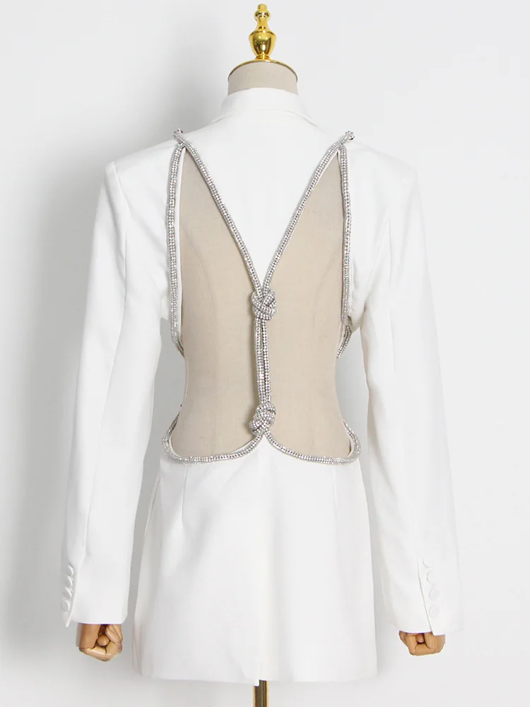 2023 New Fashion Sexy Backless Diamond Blazer Tops Female Lapel Collar Long Sleeve Slim Hollow Out Women's Coat