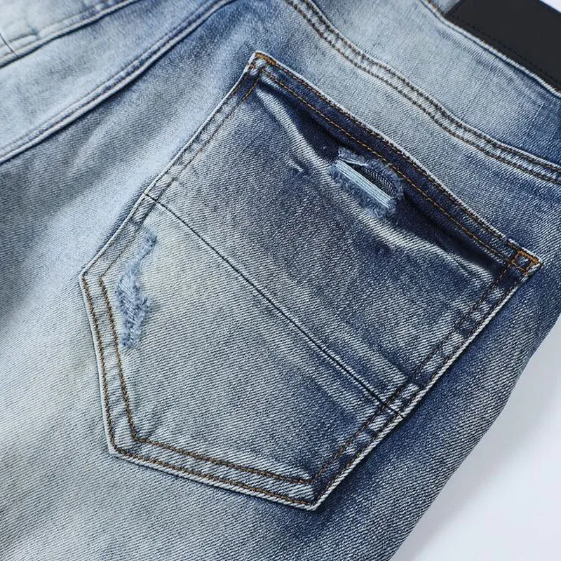 Fashion Streetwear Men Jeans Retro Light Blue Stretch Skinny Fit Elastic Ripped Jeans Men Patched Designer Hip Hop Brand Pants