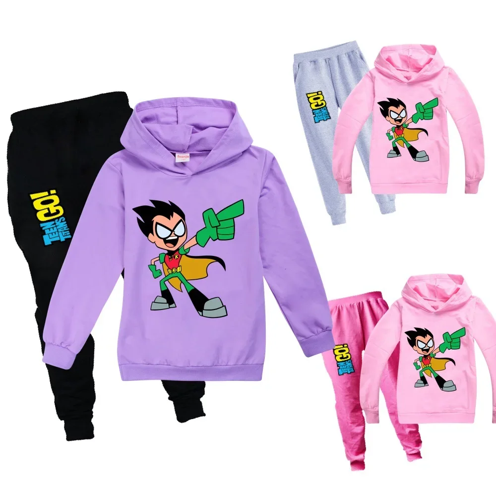 

Cartoon Teen Titans GO Hoodies for Kids Boy Sweatshirt Girls Clothes Children Clothing Casual Hooded Tracksuits +Pants 2pcs Sets