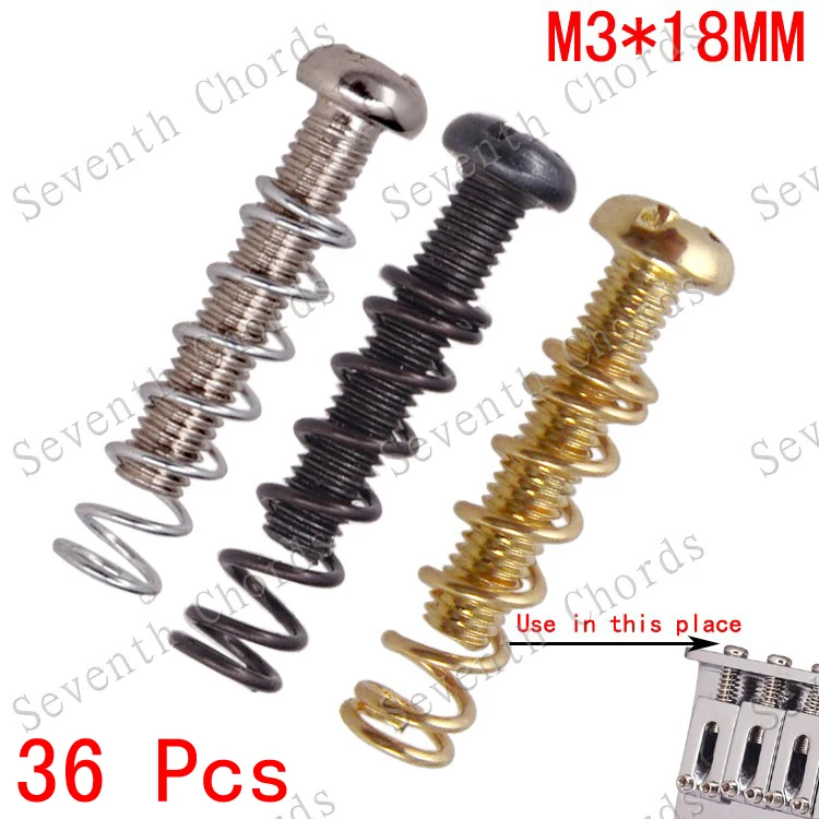 

36Pcs Electric Guitar Tremolo Bridge String Saddle Mount Adjust Screw & Straight Body Spring - Silver - Black - Gold -M3*18mm