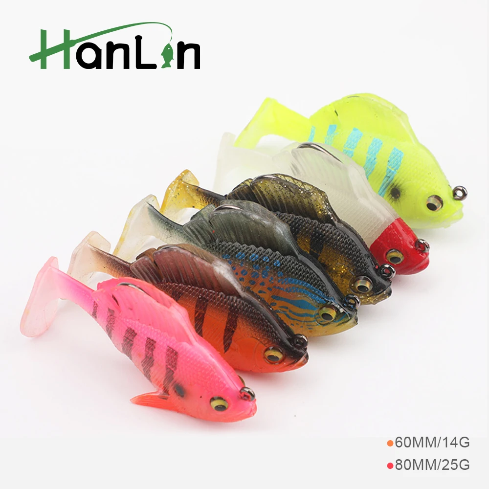 Hanlin 6cm/14g 8cm/25g T-Schwanz-Angelköder, weicher Köder, Bluegill-Swimbaits, 360-Grad-drehbare Pailletten, sinkend, für Sonnenbarsch und Barsch