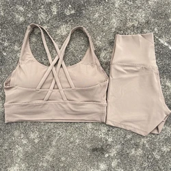 Women's 2 - Piece Yoga and Fitness Outfit - Cross Straps Bra & High Waist Shorts - S (Cocoa yoga set)