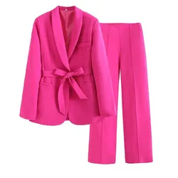 Summer Suit 2023 Women's Europe And The United States Casual Wide-Legged Trousers Belted One-Button Suit Jacket Two-Piece Set