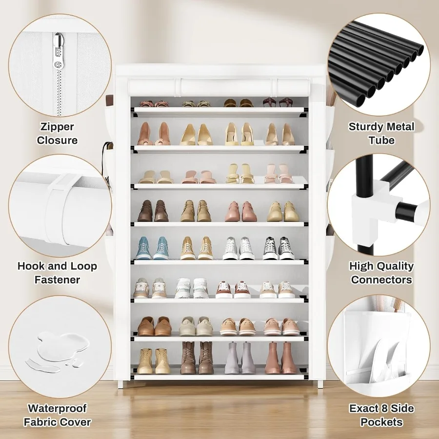 Shoe Rack with Cover 8 Tier Tall Shoe Organizer Storage for 3645 Pair Shoes and Boots Large Shoe Storage Shelf Free Standing Sh