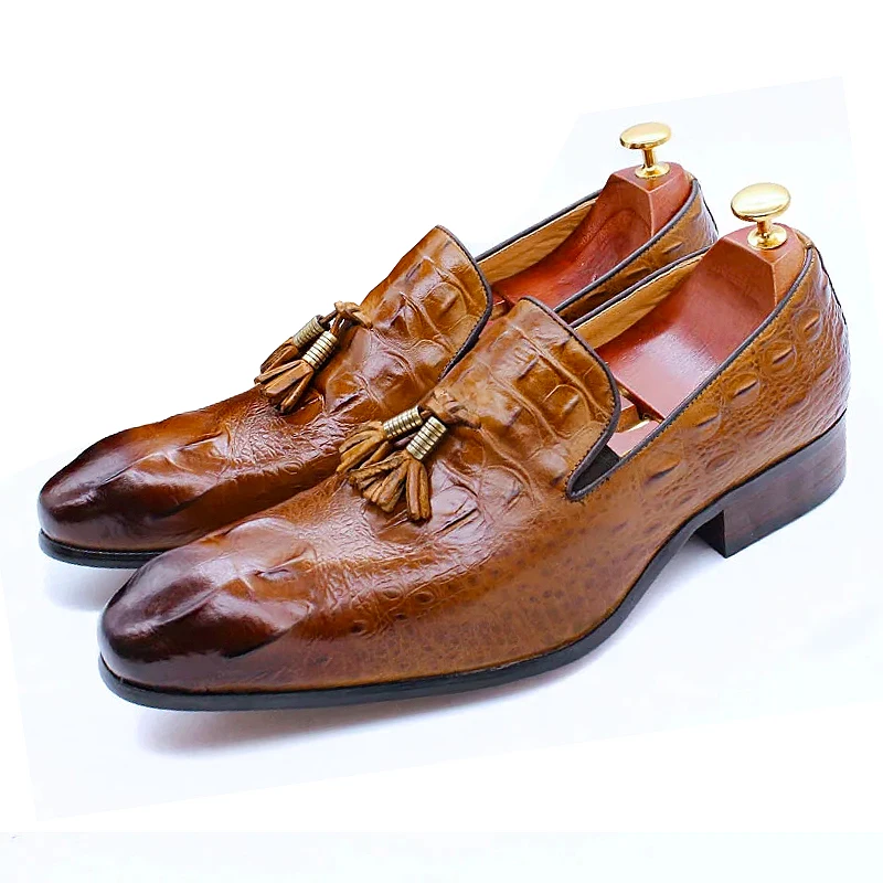 Luxuriöse Herren-Loafer mit schwarzem Kaffee-Krokodildruck, Slip-On-Quastendetail, lässige, formelle Kleidung, Lederschuhe – Detail 13