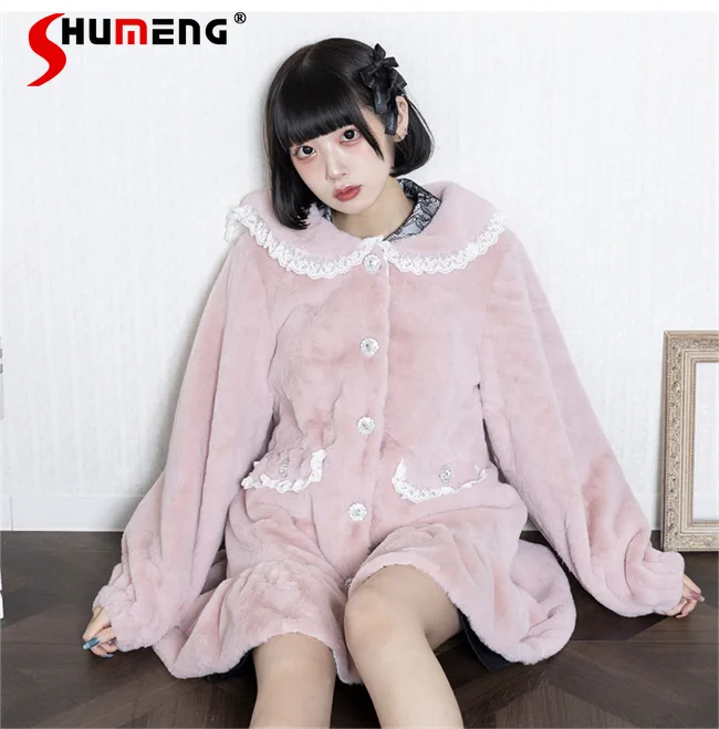 Japanese Style Sweet Lace Furry Jacket Ladies 2023 Winter New Warm Cute Sailor Collar Long Sleeve Mid-Length Coats for Women