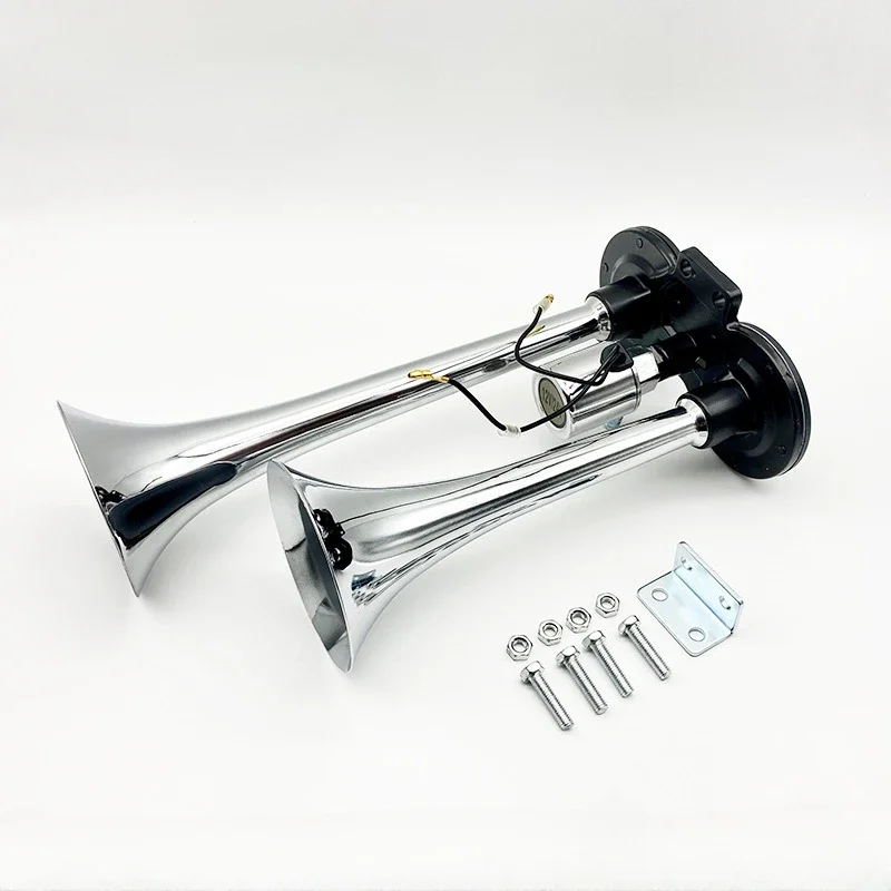 150DB 자동차 경적 더블 12V/24V 공기 펌프 튜브 아연 합금 공기 경적 대형 트럭 및 버스 경적 공기 경적 기차 경적 실버 도금