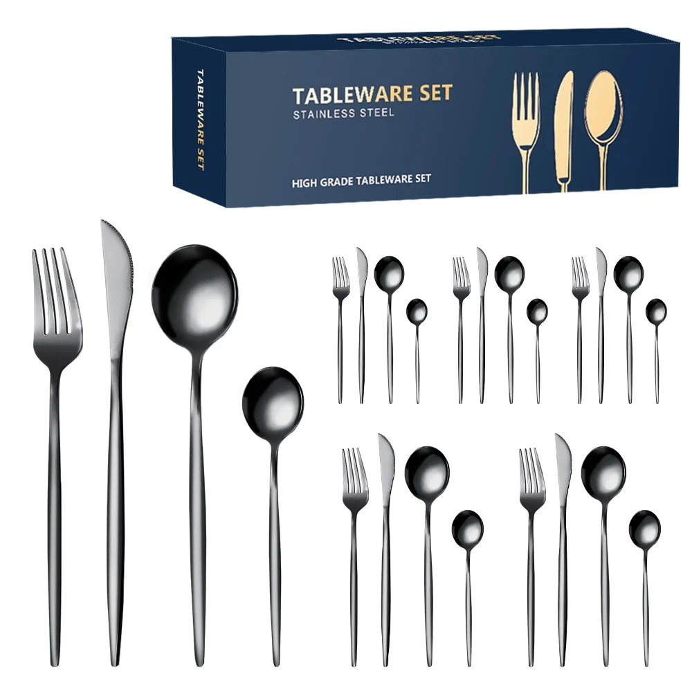 

Stainless Steel Tableware Set 24 Pieces Small Blade Steak Knife Fork And Spoon Set Safety Kitchen Silver Dinnerware Table Props