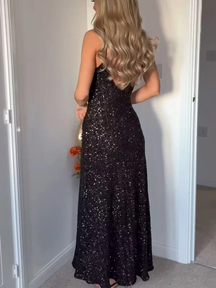 Summer New Women Glitter Sequins Long Dress Fashion Clubwear Sexy Backless Bodycon Strap Midi Dress Elegant Chic Party Clothing
