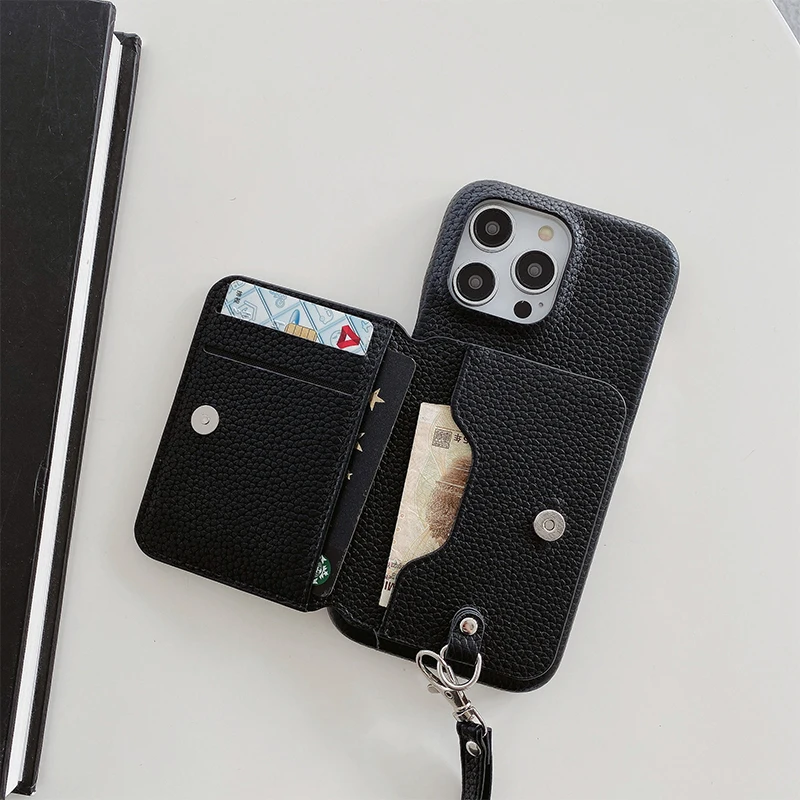 Luxury Litchi Patterned Shockproof PU Leather Wrist Strap Wallet Phone Case