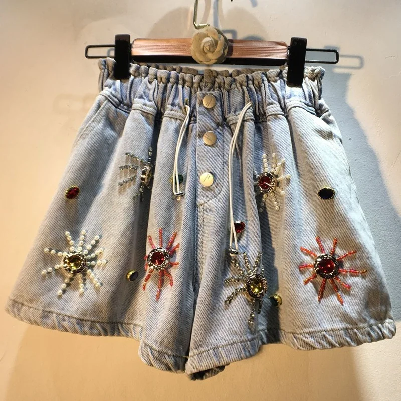 Heavy Diamond Beaded Blue Denim Shorts for Women Elastic High Waist Slimming Wide-Leg Jean Shorts 2023 Spring Summer New Bottoms