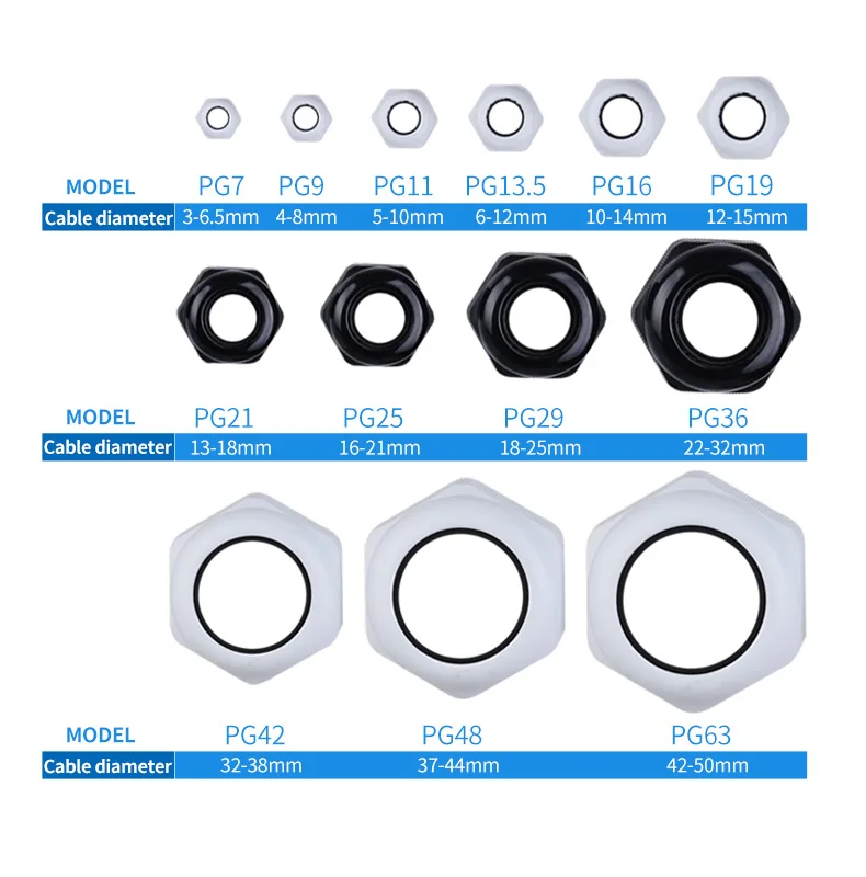 Cable Gland Waterproof Cable entry IP68 PG7 PG9 PG11 PG13.5 PG16 PG19/21 Nylon Plastic Connector 1Pcs for 3-6.5mm