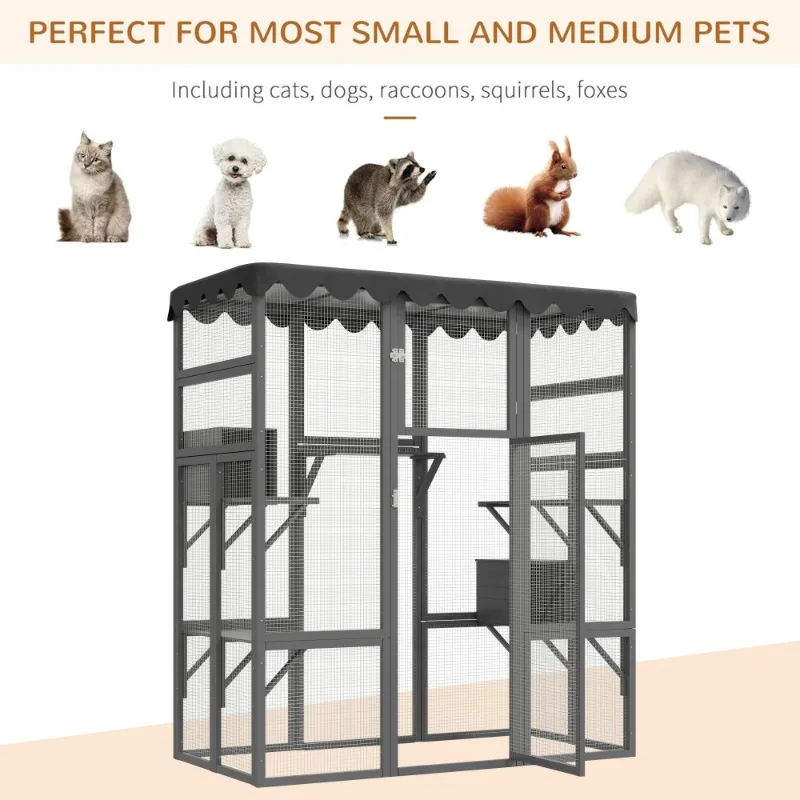 Outdoor Cat House Big Catio Wooden Feral Cat Shelter Enclosure Spacious Interior 6 High Ledges Weather Protection Asphalt Roof
