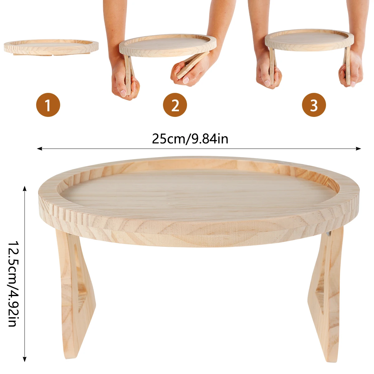 Natural Pine Wood Sofa Side Tables Round Portable and Foldable Sofa Armrest Clip-On Tray Waterproof Sofa Couch Arm Rest 5
