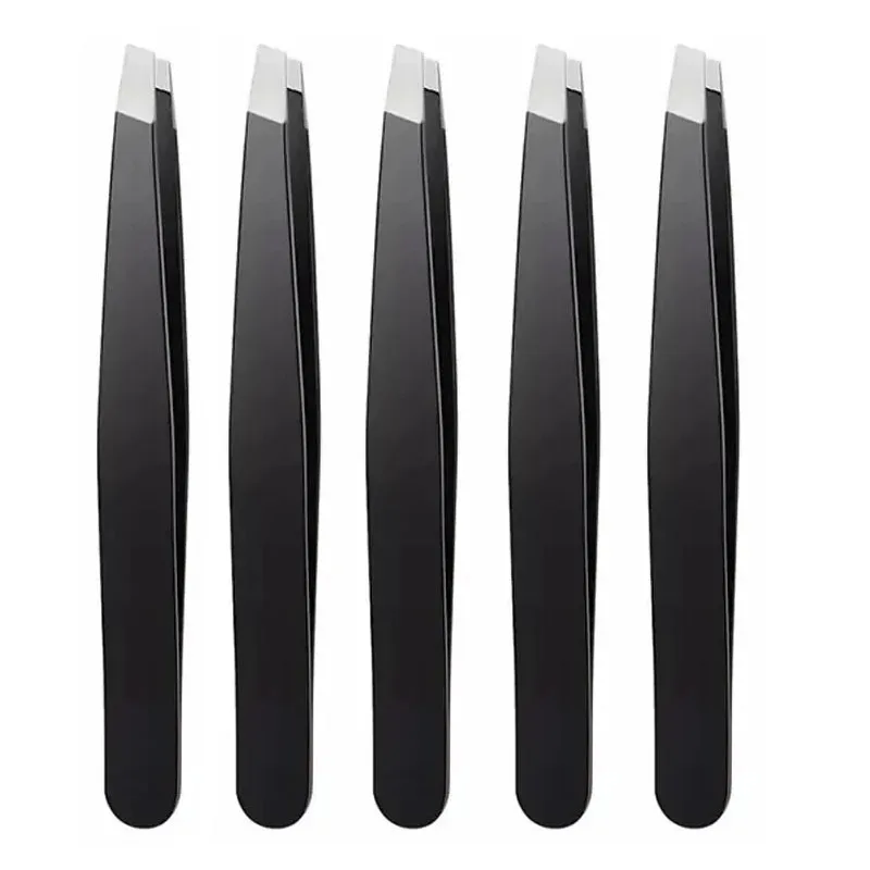 Premium Stainless Steel Black Tweezers with Slant and Flat Tips for Eyebrow Shaping & Ingrown Hair Removal