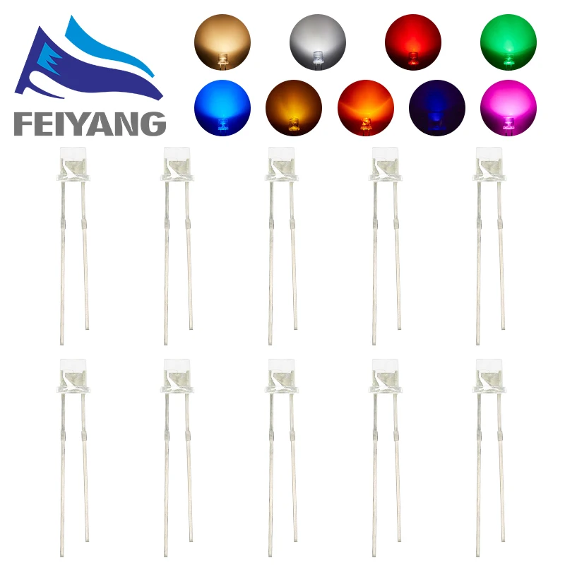 100 stücke 3mm 2Pins flache Oberseite weiß rot gelb blau grün Weitwinkel Leuchtdiode Lampe LED