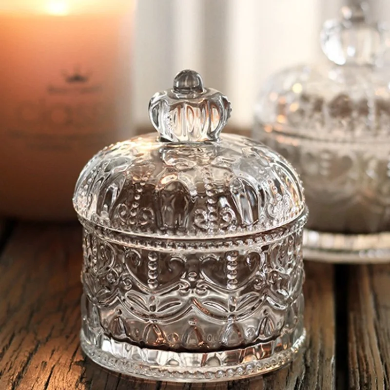 Creative Clear Glass Storage Jar Crown Embossed Glass Crystal Tea Jar Candy Storage Box with Lid Cotton Swab Box Home Decoration 3