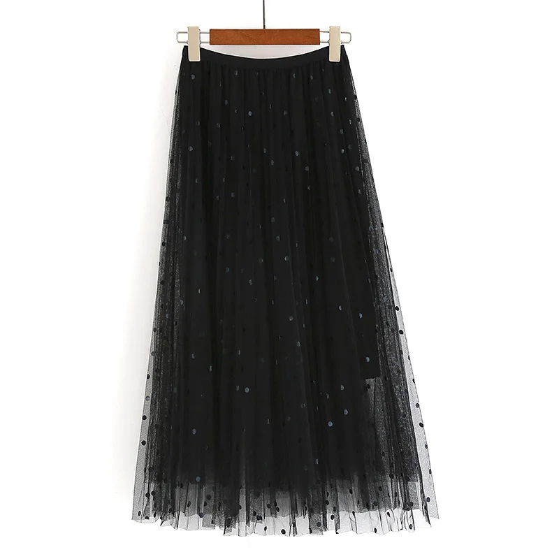 

Women Tulle Skirt Elastic High Waist Layered Pleated Skirt Dot Print Mesh A-Line Midi Long Skirt