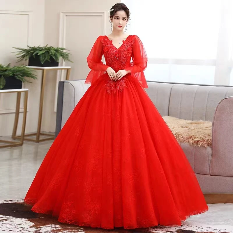 

Роскошные красные платья для Quinceanera 2024, платья с длинными рукавами и аппликацией из бисера, милое женское платье, одежда для вечеринки 15-16 лет