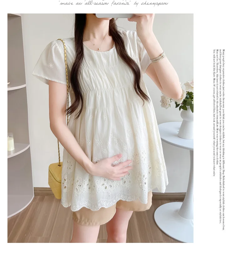 Pregnant Women's Summer Loose Clothes Set Hollow Out Embroidery Lace Shirts Belly Shorts Two Pieces Set Maternity Blouses Suits