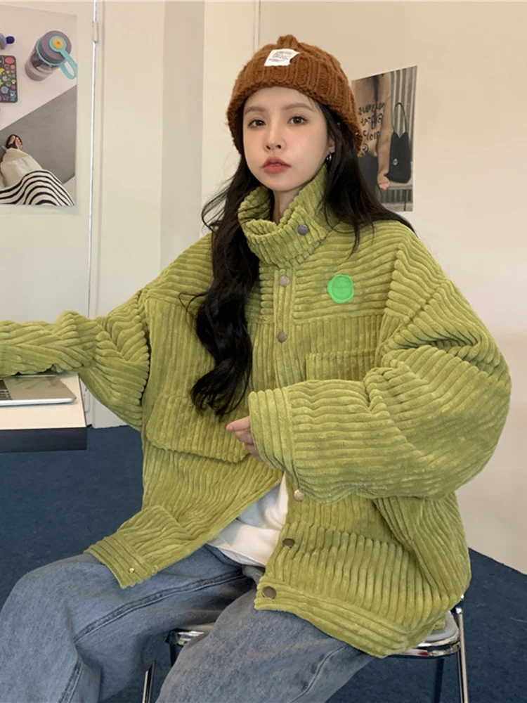ZOKI Vintage Corduroy Jacket Spring Green Casual Button Up Loose