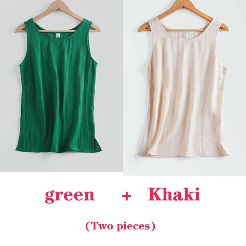 Women's Blouses Cotton and Linen Sleeveless Tops Shirt Female O Neck Summer Solid Plus Size Green Tunic Blouse Basic Women red cami Tanks & Camis