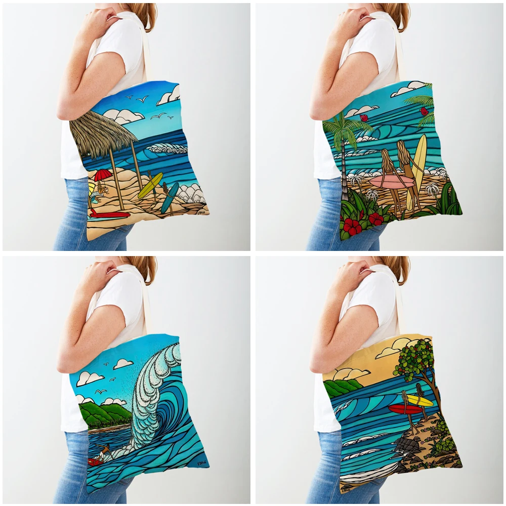 Women Shopping Bags Tote Handbags Casual Canvas Double Print Landscape Hawaiian Islands Beach Surfing