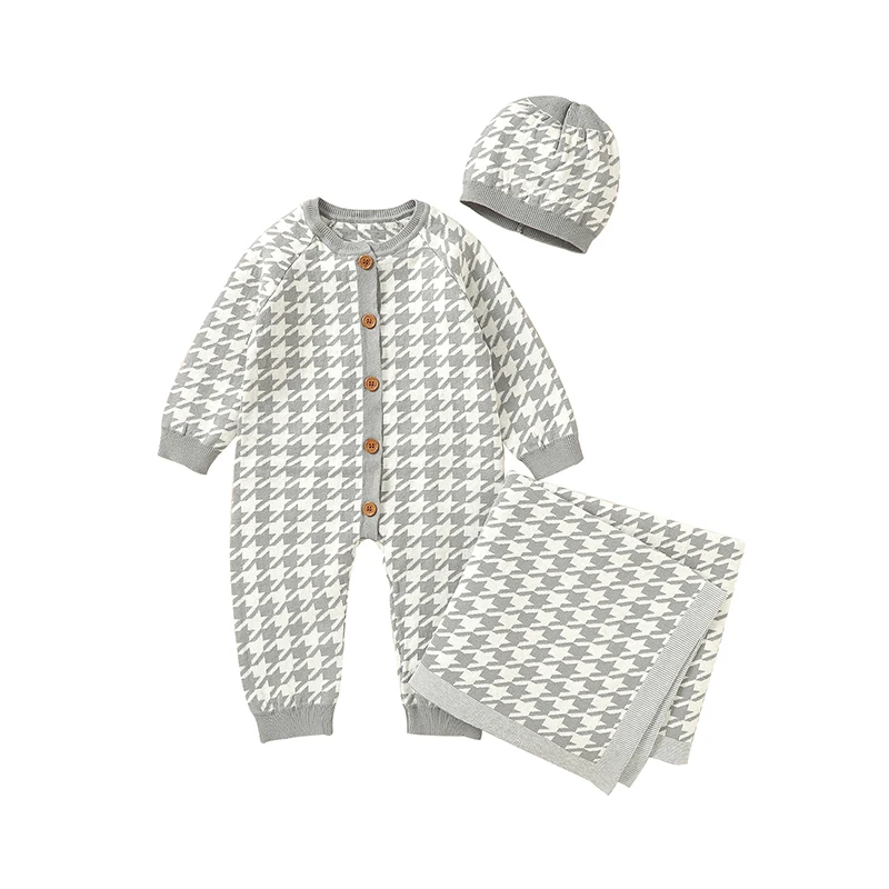 

Baby Rompers Long Sleeve Autumn Plaid Knit Newborn Boys Girls Cotton Jumpsuits Hats Playsuits Winter Toddler Kids Overalls 0-18m