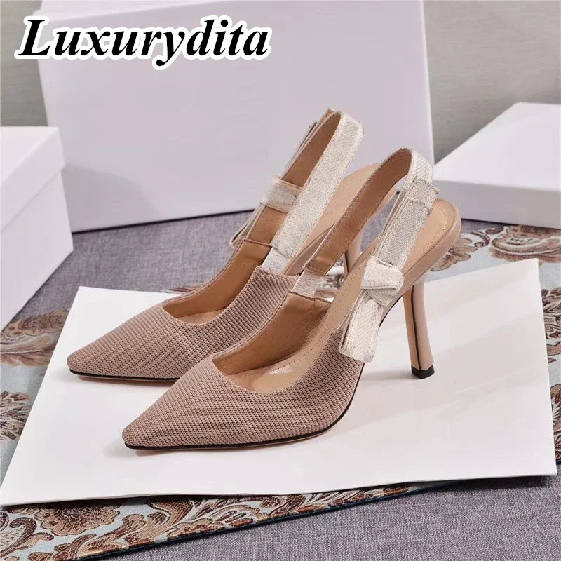 

LUXURYDITA Luxury Womens High Heel Sandal Casual Lace Fashion Embroidered Muller Flat Shoes Designer Silk Leather Soled XY517