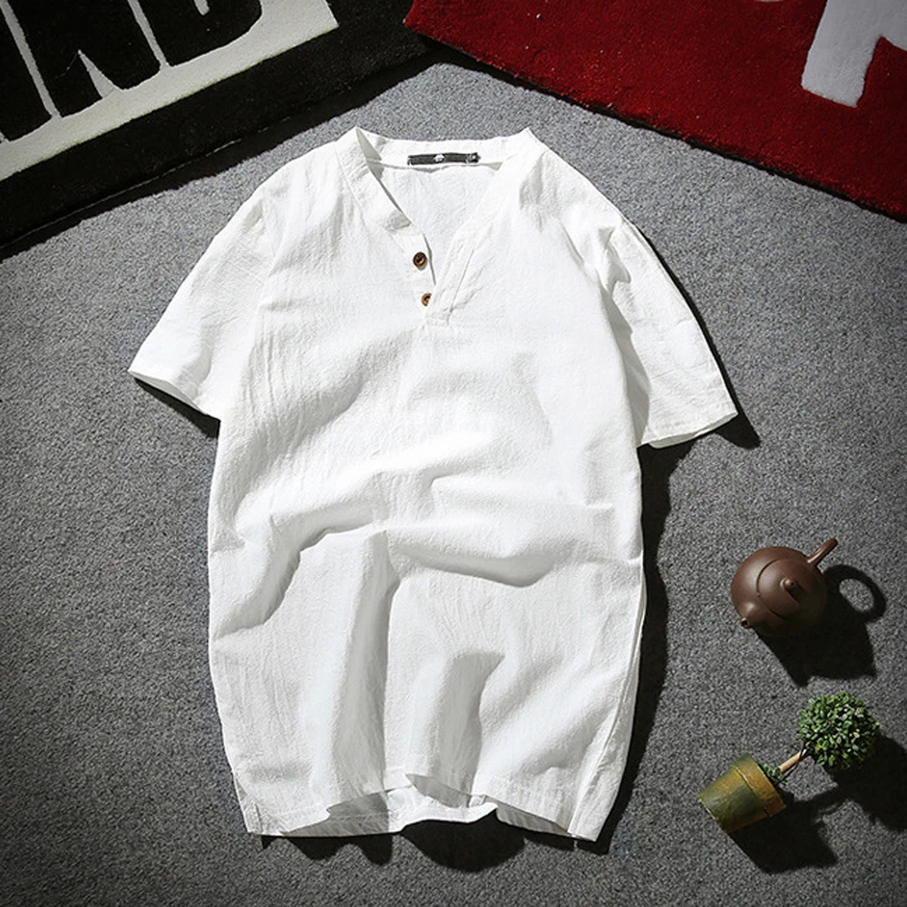 Linen Short Sleeve Loose Fit Summer T Shirt for Men