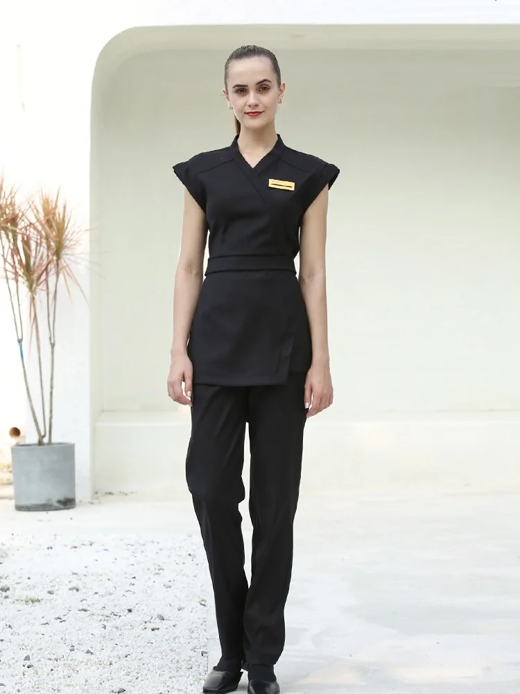 

2023 Summer/Autumn Thai Spa Massage Beautician Uniform Black Tops and Pants Set Hotel Staffs Workwear Wholesales