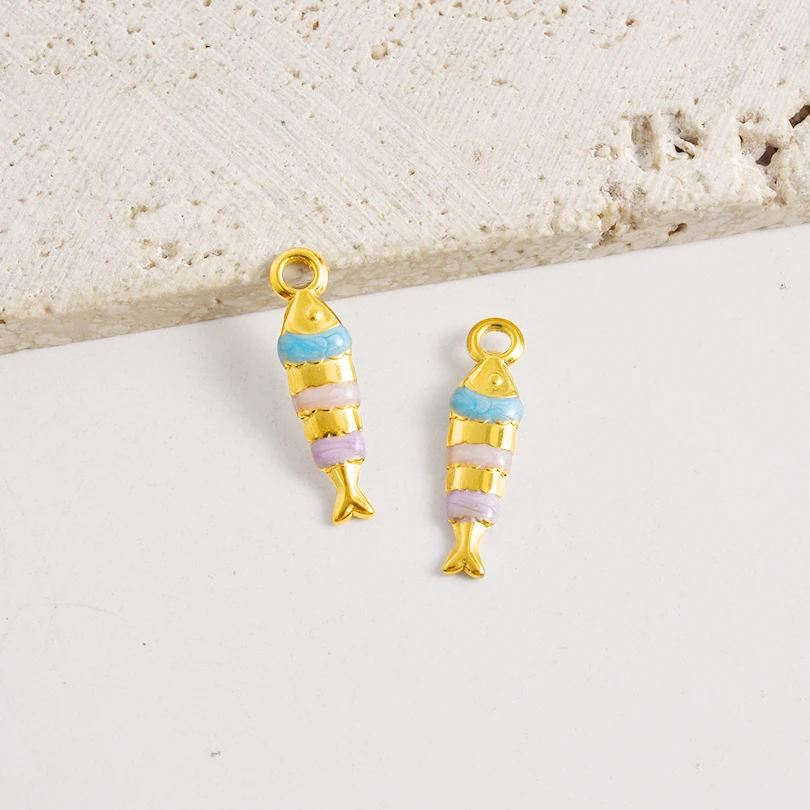 5 Stück/Set Goldfarbene Vintage-Mode Edelstahl-Fischanhänger für Schmuckherstellung Tier-Charm Öl-Tropfen-Anhänger – Detail 18